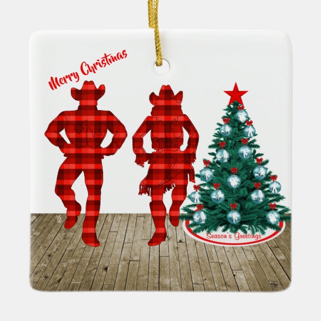 Leinentänzer mit roten Karierten Frohen Weihnachte Keramikornament (Vorderseite)