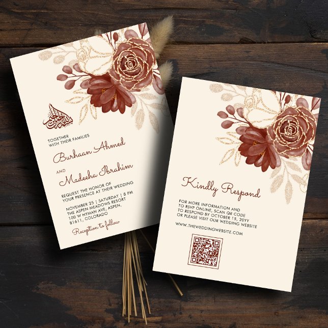 Leingold Glitzer Aquarell floral Islamischer QR Einladung (Von Creator hochgeladen)