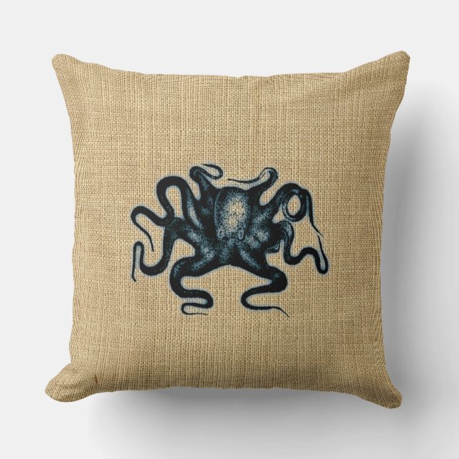 Leinwand blauer Kraken Kraken-Meereswelt-Entwurf Kissen (Vorderseite)