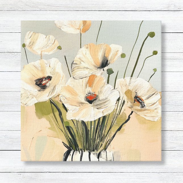 Leinwand der neutralen Peach Ppies Vase (Peach Neutral Loose Painted Poppies Floral Modern Wall Art Canvas)