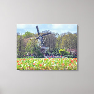 Leinwand für holländische Windmühle und Tulpenfeld