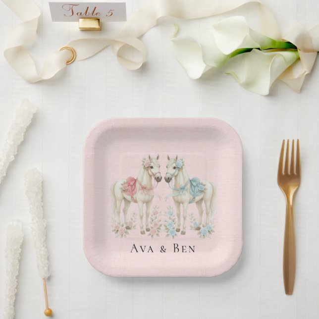 Leinwand Pastellrosa und Blaue Hochzeitspferde Pappteller (Hochzeit)