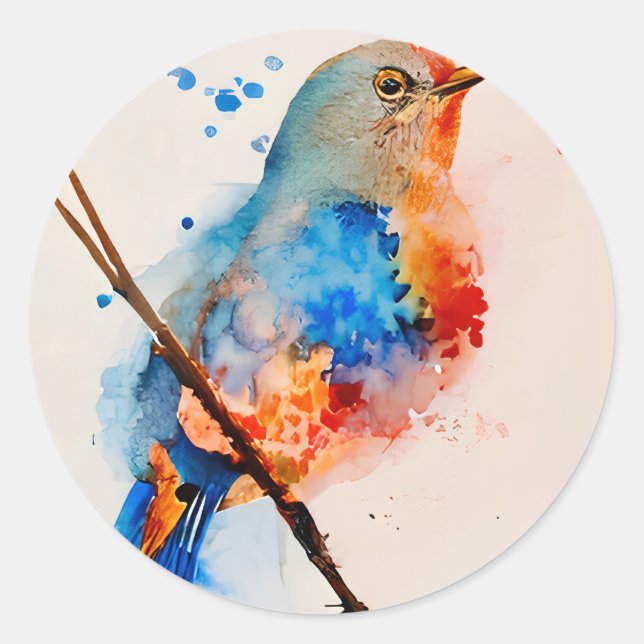 Leinwand Wasserfarben Bird Malerei Runder Aufkleber (Vorderseite)