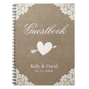 Leinwand-Weiß-Spitze Hochzeitguestbook-  rustikale Notizblock