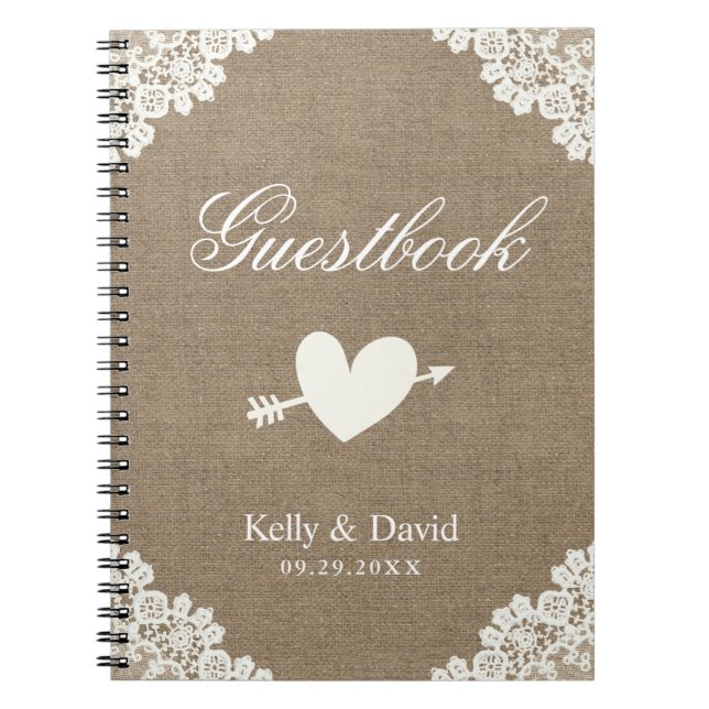 Leinwand-Weiß-Spitze Hochzeitguestbook-| rustikale Notizblock (Vorderseite)