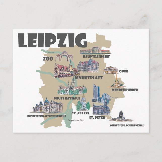 Leipzig Allemagne - Carte Rétro avec Attractions (Devant)