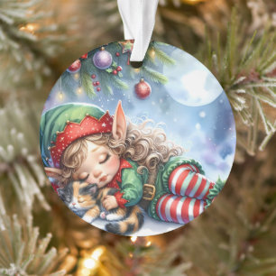 L'elfe de Noël endormi avec un chaton calicot