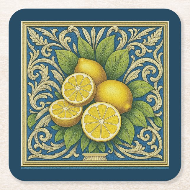 Lemon Amalfi Blue Mediterranean Art Nouveau Rechteckiger Pappuntersetzer (Vorderseite)