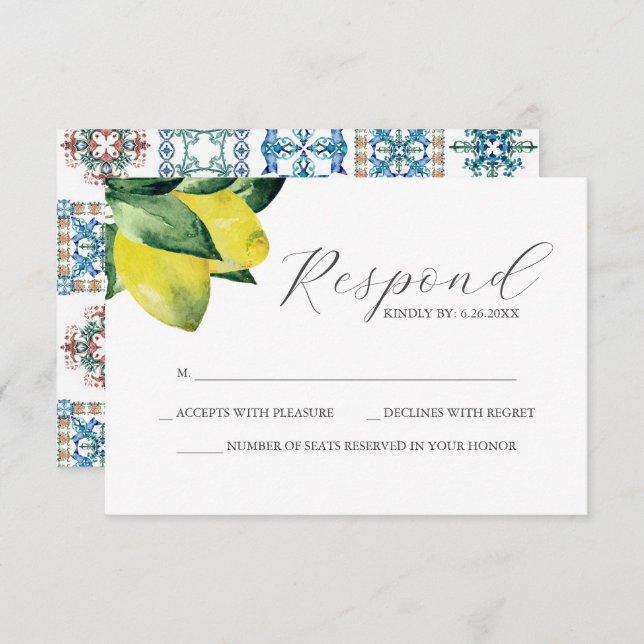 Lemon Amalfi Tile Wedding RSVP Card (Vorne/Hinten)