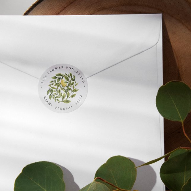 Lemon and Leaves |  Chic  Botanical Return address Runder Aufkleber (Von Creator hochgeladen)