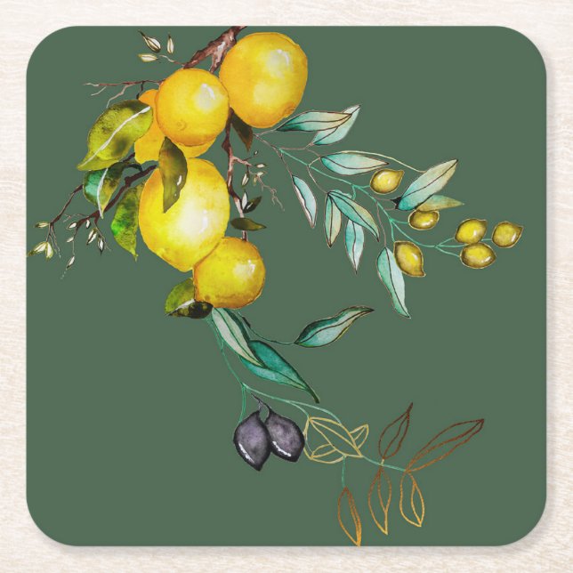 Lemon and Olive Watercolor Untersetzer (Vorderseite)