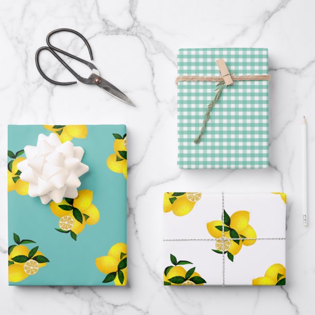 Lemon Aqua Gingham Geschenkpapier Set (Vorderseite)