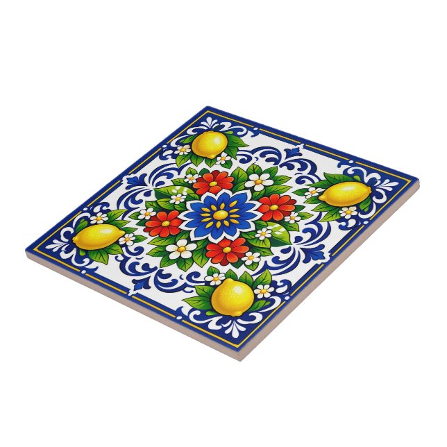 🍋 Lemon Azul Bloom — Mediterrane Azulejo Fliese (Seite)