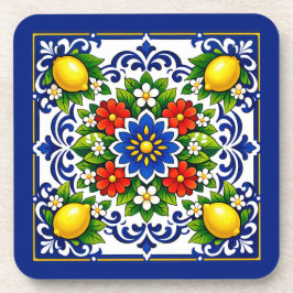 🍋 Lemon Azul Bloom — Mittelmeer-Azulejo Getränkeuntersetzer