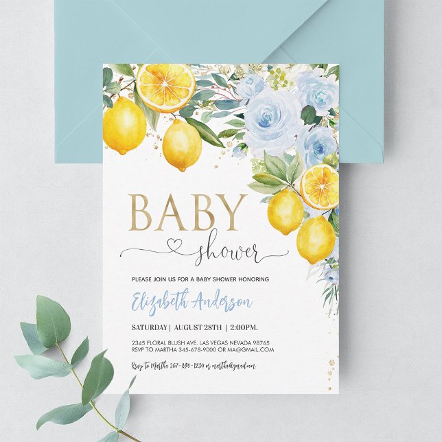 Lemon Baby Shower Blue Gold Lemon Dusche Einladung (Von Creator hochgeladen)