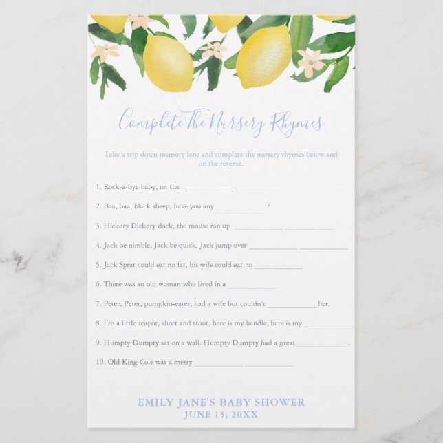 Lemon Baby Shower Classic Kinderzimmer Rhymes Game Flyer (Vorne)