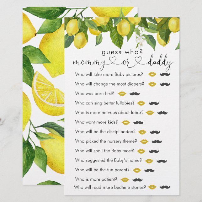 Lemon Baby Shower "Guess Who" Spiel (Vorne/Hinten)
