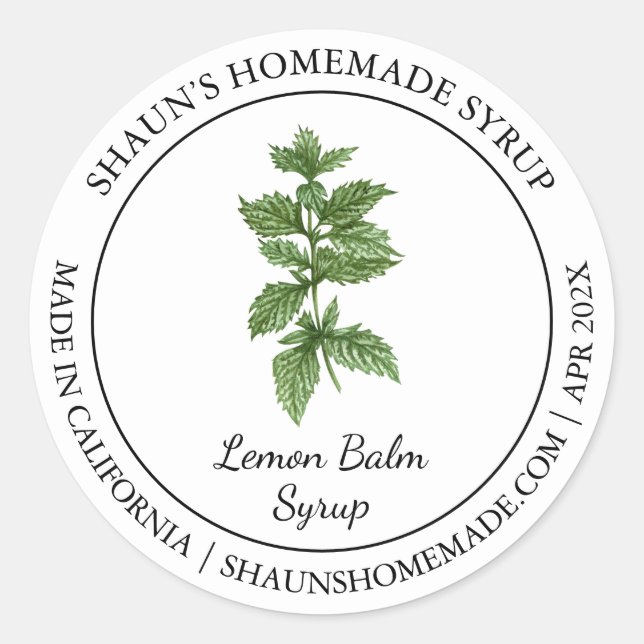 Lemon Balm Syrup Modernes Label Runder Aufkleber (Vorderseite)
