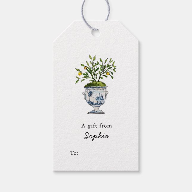 Lemon-Baumkronen-Oberteil in blau-weiß Topf Gesche Geschenkanhänger (Vorderseite)