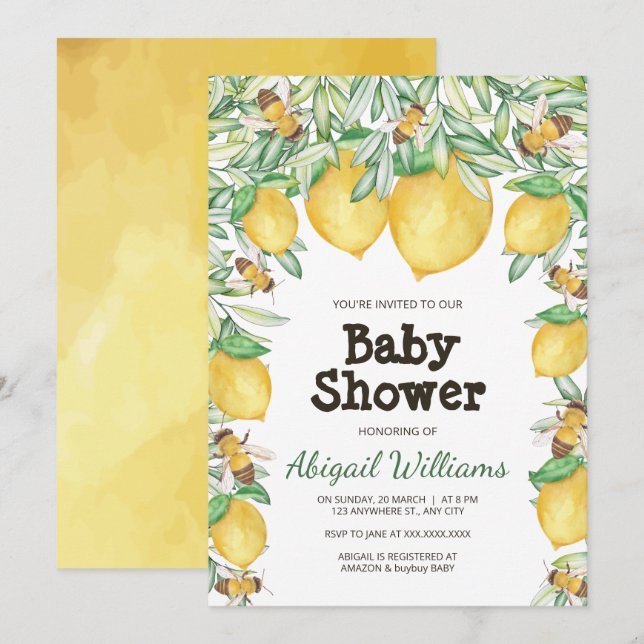 Lemon & Bee Watercolor Grüne Kinderdusche Invita Einladung (Vorne/Hinten)