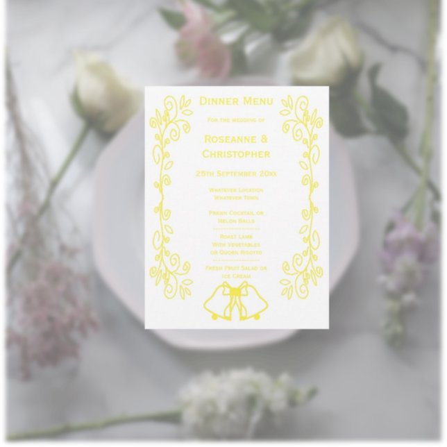 Lemon Bells Scrollwork Design Wedding Menükarte (Yellow wedding menu bells and scrollwork design)