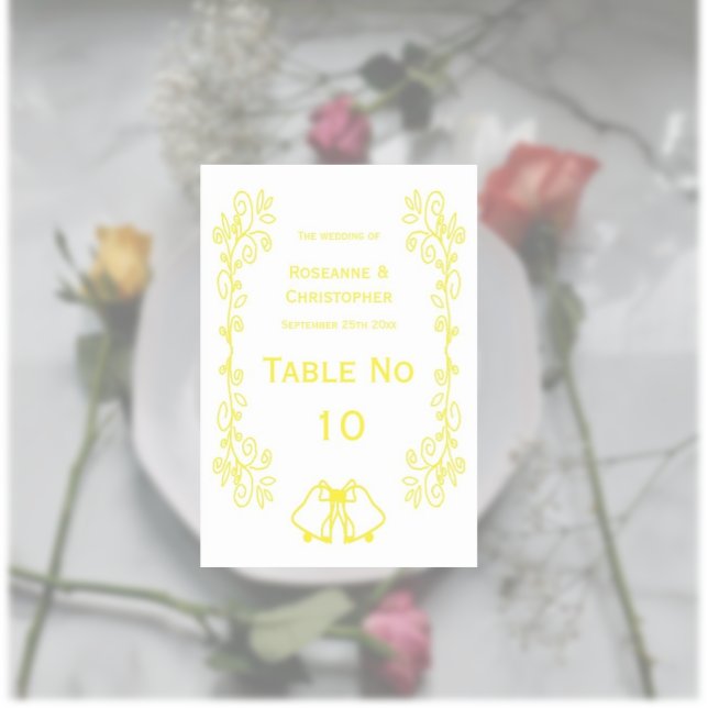 Lemon Bells Scrollwork Design Wedding Tischnummer (Yellow wedding table number bells and scrollwork design)