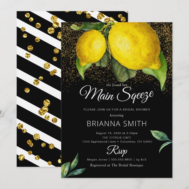 Lemon Black Squeeze Modernes Brautparty Einladung (Vorne/Hinten)