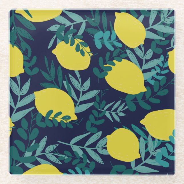 Lemon-Blätter: Vintager Illustrationshintergrund Glasuntersetzer (Vorderseite)