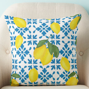 Lemon Blau Französisches Landhaus-Aquarell Kissen