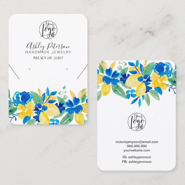 Lemon blaue Blumen Logo Schmuck Ohrring Halskette Visitenkarte (Vorne/Hinten)