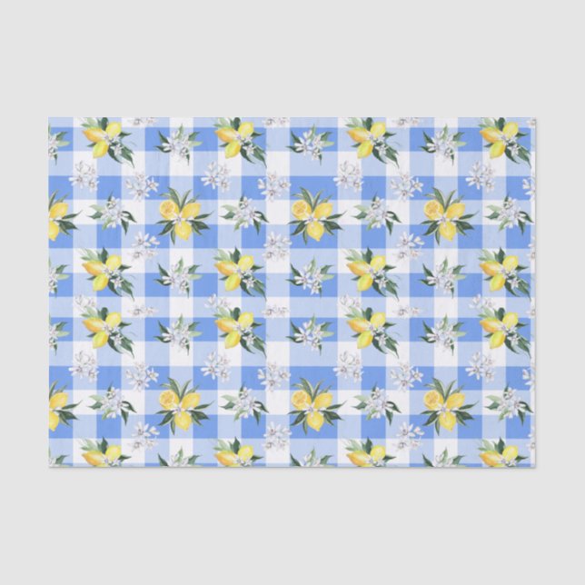 Lemon Blossom Blue Gingham Tissue Paper Seidenpapier (Vorderseite)