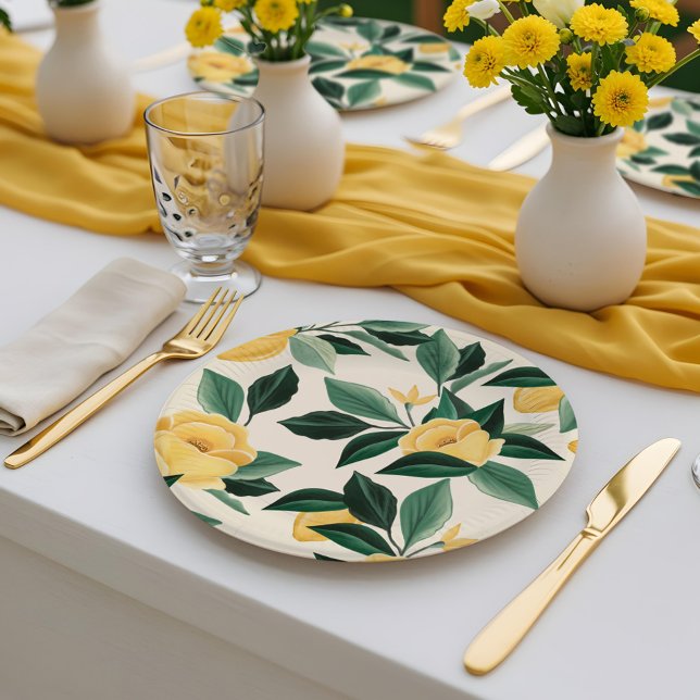 Lemon Blossom Blumenbaum Elegante Hochzeit Pappteller (Lemon Blossom Floral Tree Elegant Yellow Wedding Paper Plates)
