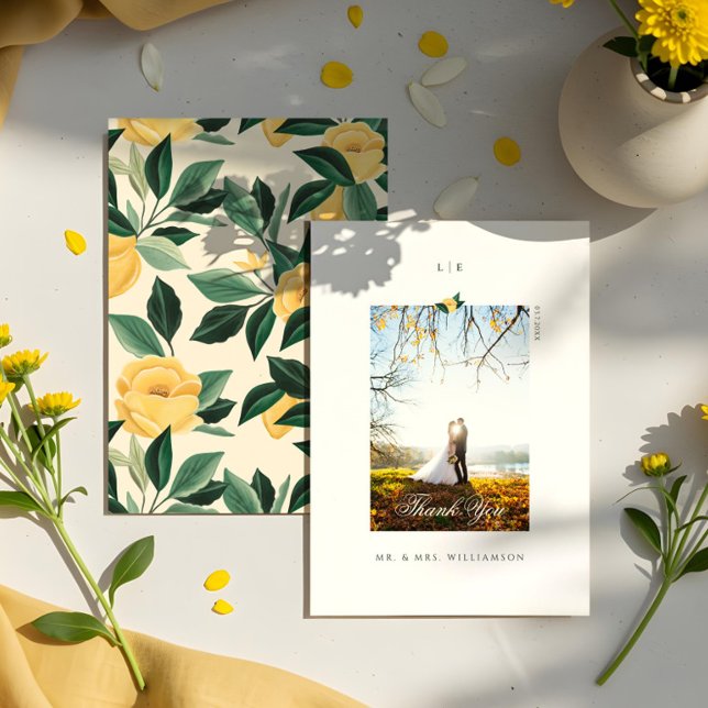 Lemon Blossom Blumenbaum Elegantes Hochzeitssemble Dankeskarte (Lemon Blossom Floral Tree Elegant Wedding Photo Thank You Card)
