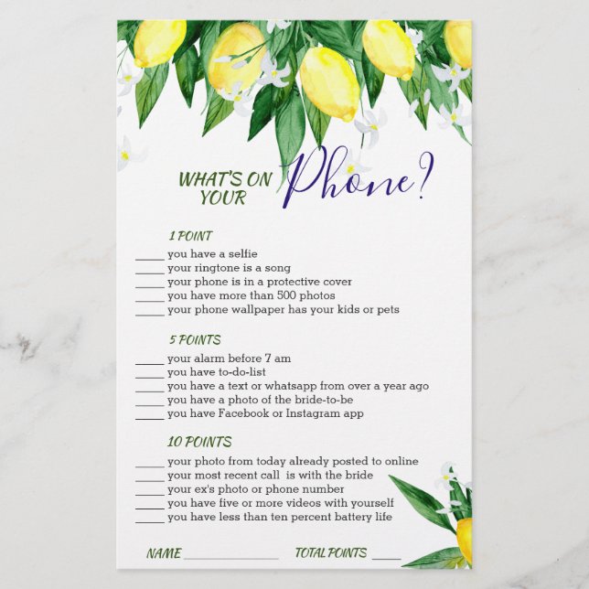 Lemon Blossom Greenerity Chic Brautparty Game (Vorderseite)
