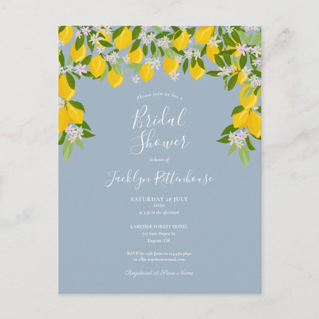 Lemon Blossom Greenery Dusty Blue Brautparty Ankündigungspostkarte (Vorderseite)