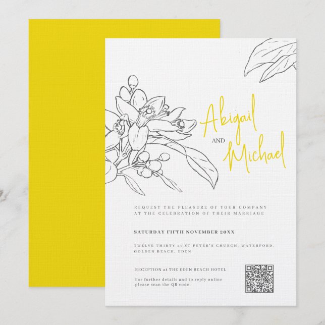Lemon blubssom Sketch gelbe graue Hochzeit Einladung (Vorne/Hinten)