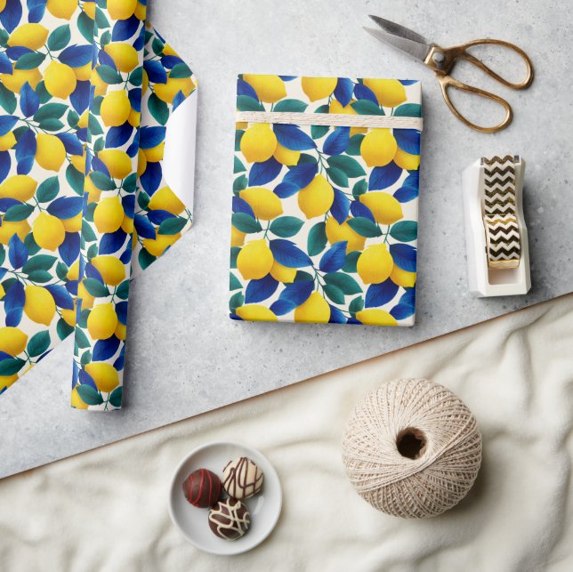 Lemon & Blue Blätter Vibranntes Farbmuster Geschenkpapier (Basteln)