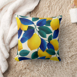 Lemon & Blue Blätter Vibranntes Farbmuster Kissen