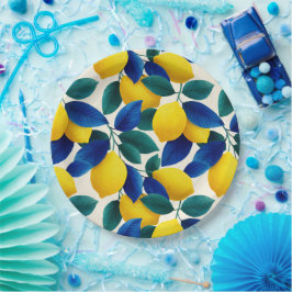Lemon & Blue Blätter Vibranntes Farbmuster Pappteller