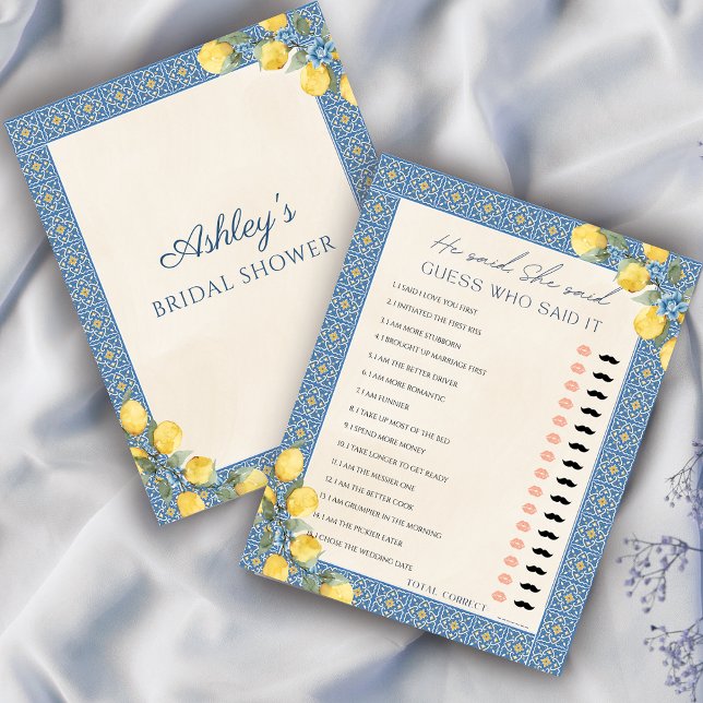 Lemon Blue Er sagte, sie sagte, Brautparty Game (That's Amore Lemon Italian Bridal Shower He Said She Said Game)
