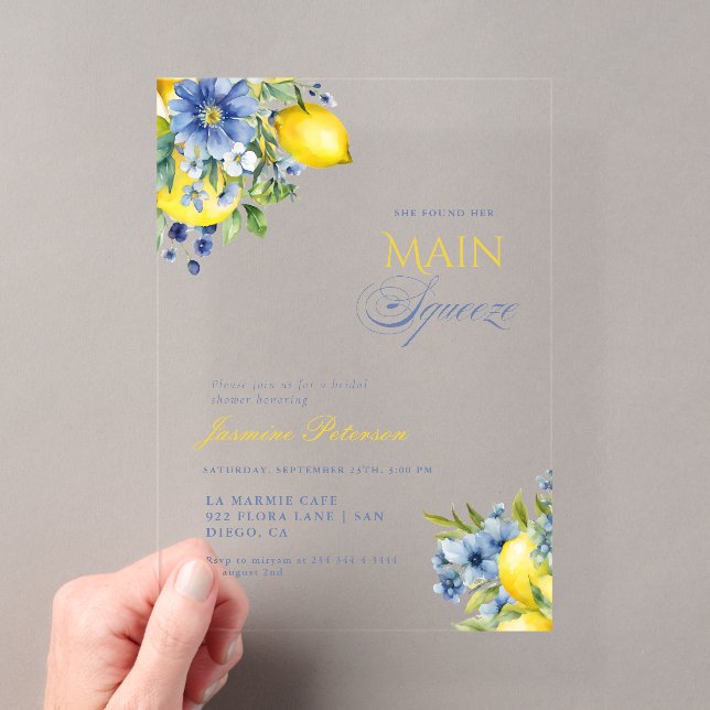 Lemon Blue Floral Citrus Brautparty Acryleinladungen (Insitu (Handheld))