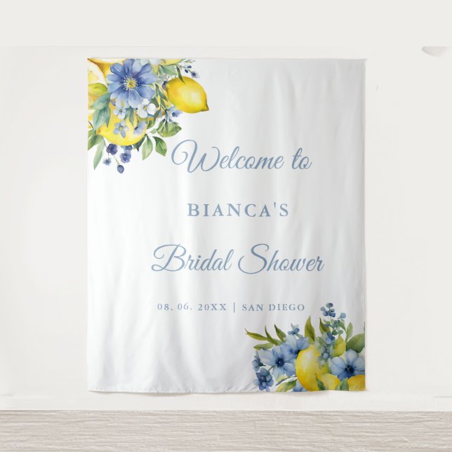 Lemon Blue Floral Citrus Brautparty Willkommen Wandteppich (Vorderseite)
