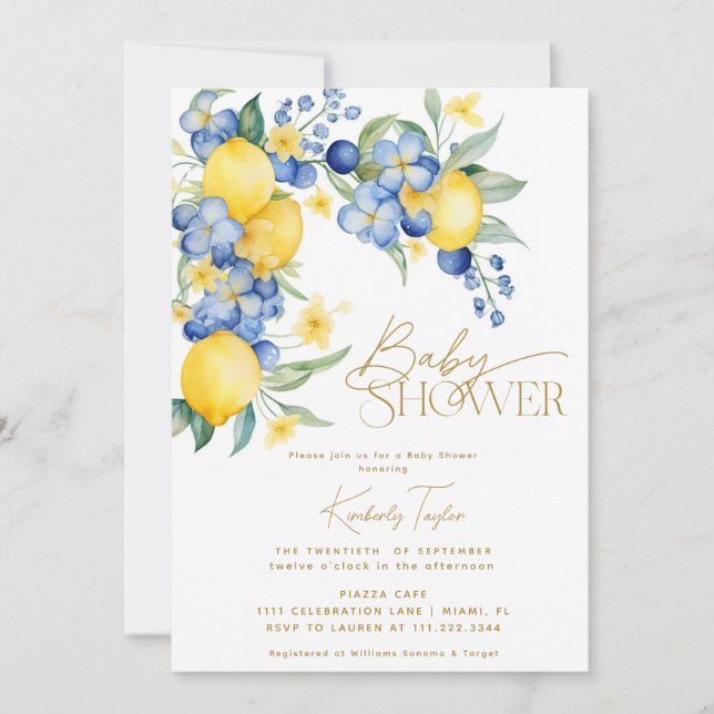 Lemon Blue Floral Italian Baby Show Einladung (Vorderseite)