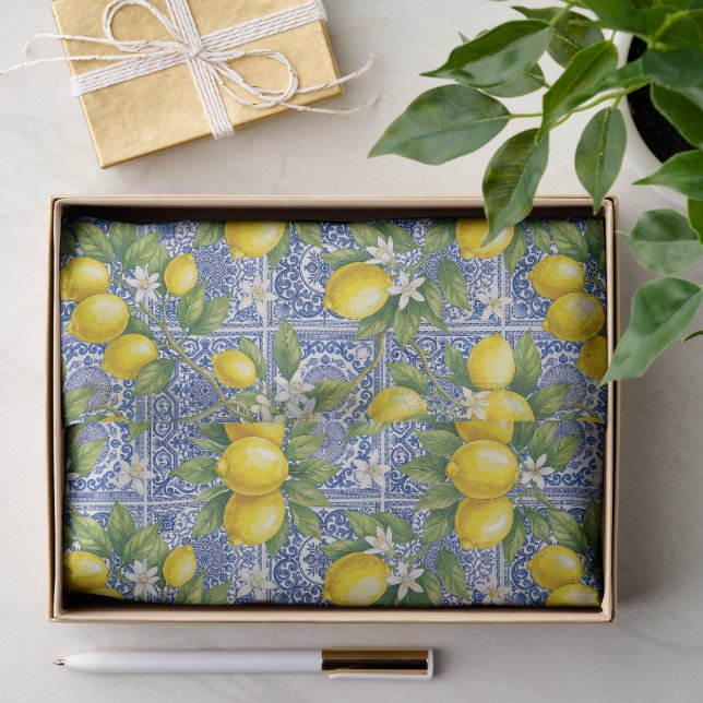 Lemon Blue French Country Watercolor Tile Seidenpapier (Geschenk)