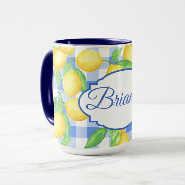 Lemon Blue Gingham Cotattcore Personalisierte Mug Tasse (Vorderseite Links)