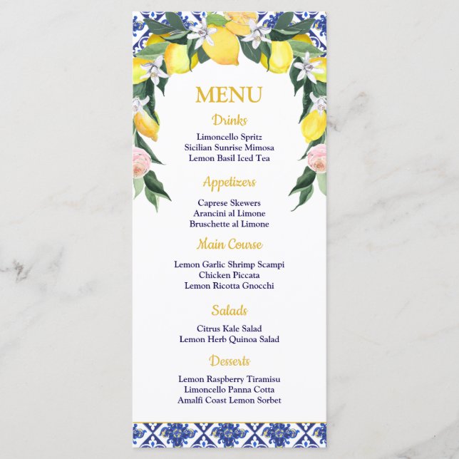 Lemon Blue Italian Tiles Brautparty Wedding Menükarte (Vorderseite)