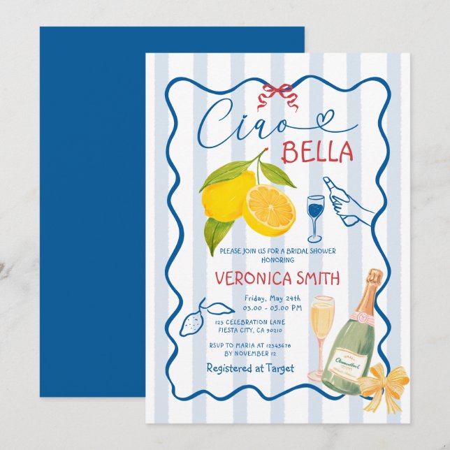 Lemon Blue Italy Ciao Brautparty Einladung (Vorne/Hinten)
