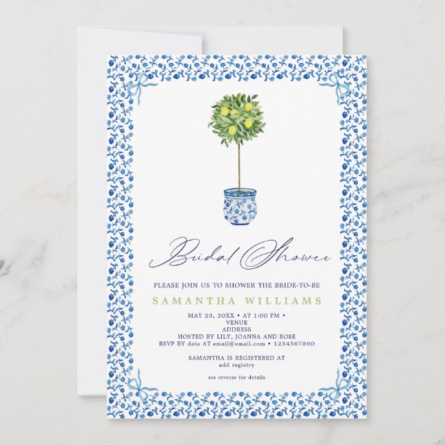 Lemon Blue Mediteranean Tiles Garden Brautparty Einladung (Vorderseite)