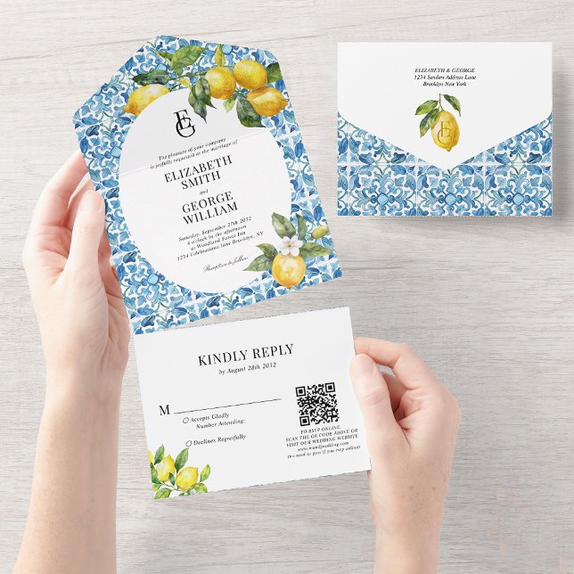 Lemon Blue Mediterranean Monogram Qr Code Wedding All In One Einladung (Von Creator hochgeladen)