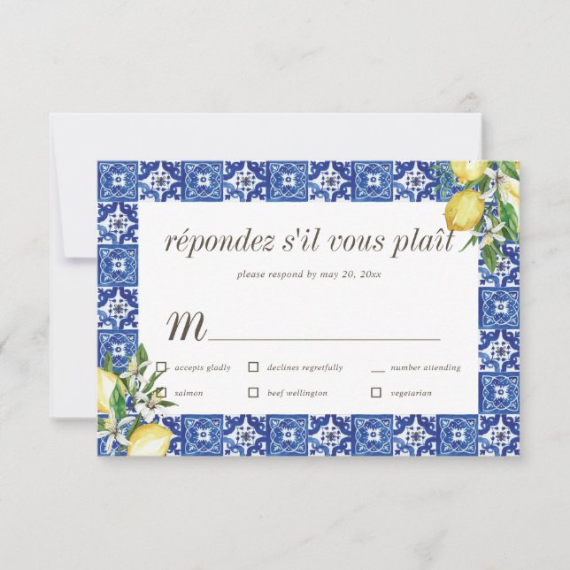 Lemon Blue Mediterranean Wedding RSVP Meetings Karte (Vorderseite)